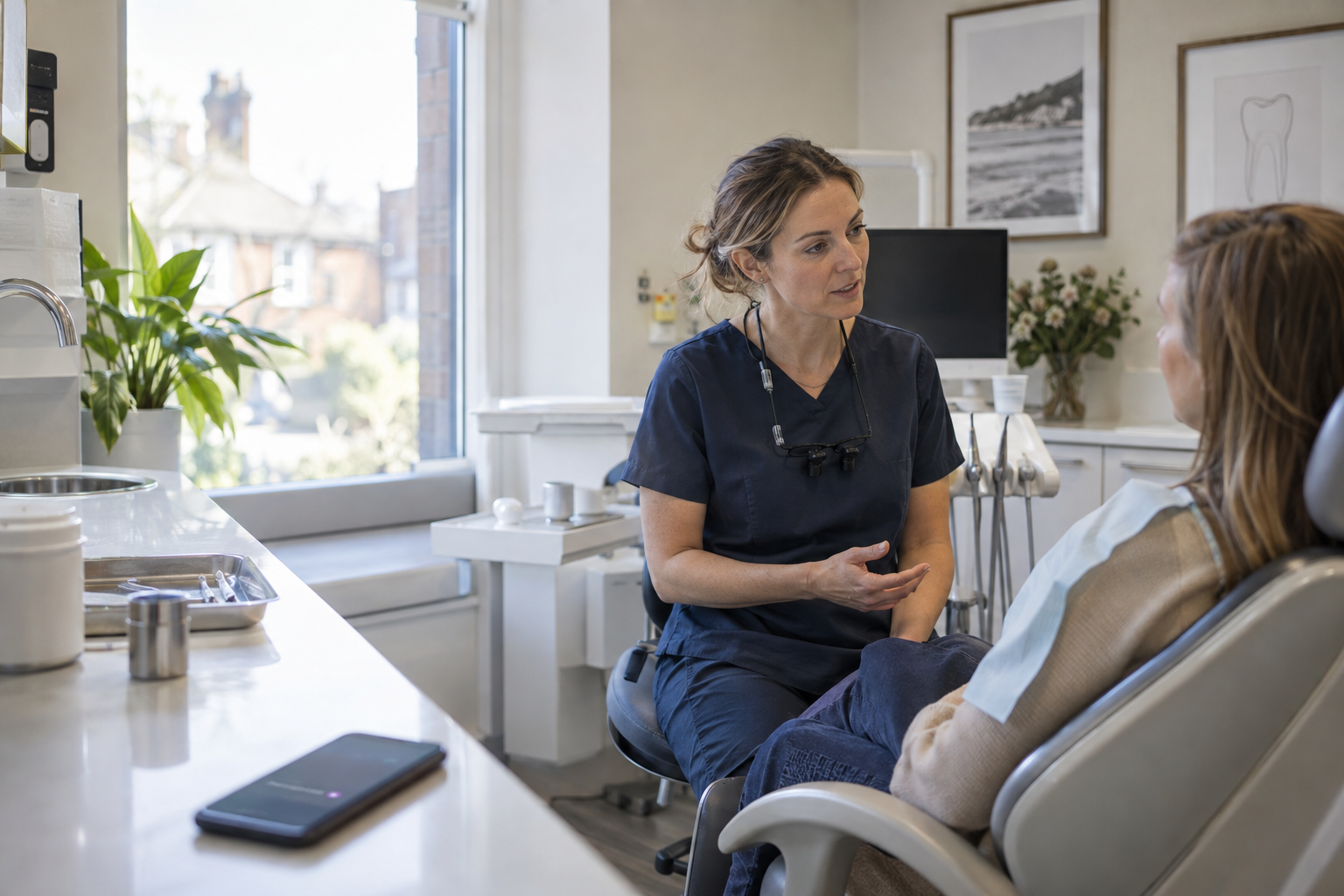 A dentist speaking with a patient while an enquiry waits on a nearby phone